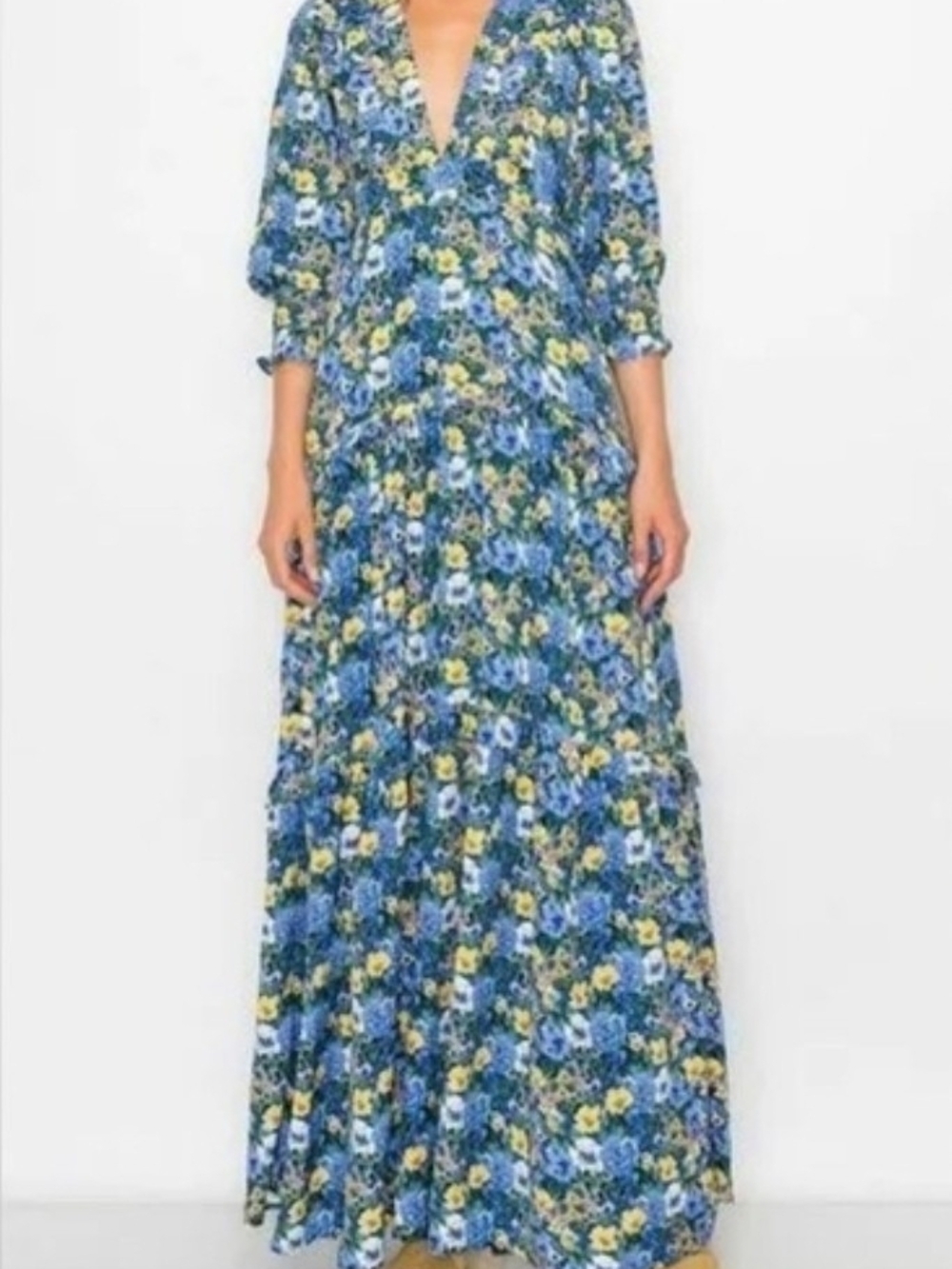 Blue Floral V-Neck Maxi Dress SzM New With Tag